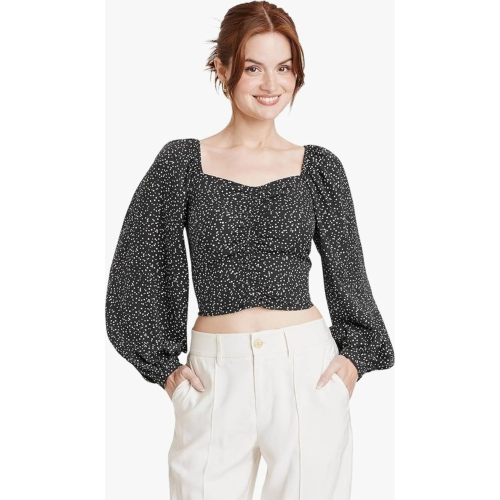 A New Day Black Polka Dot Puff Sleeve Square Neck Crop Top Plus Size 4X NWT